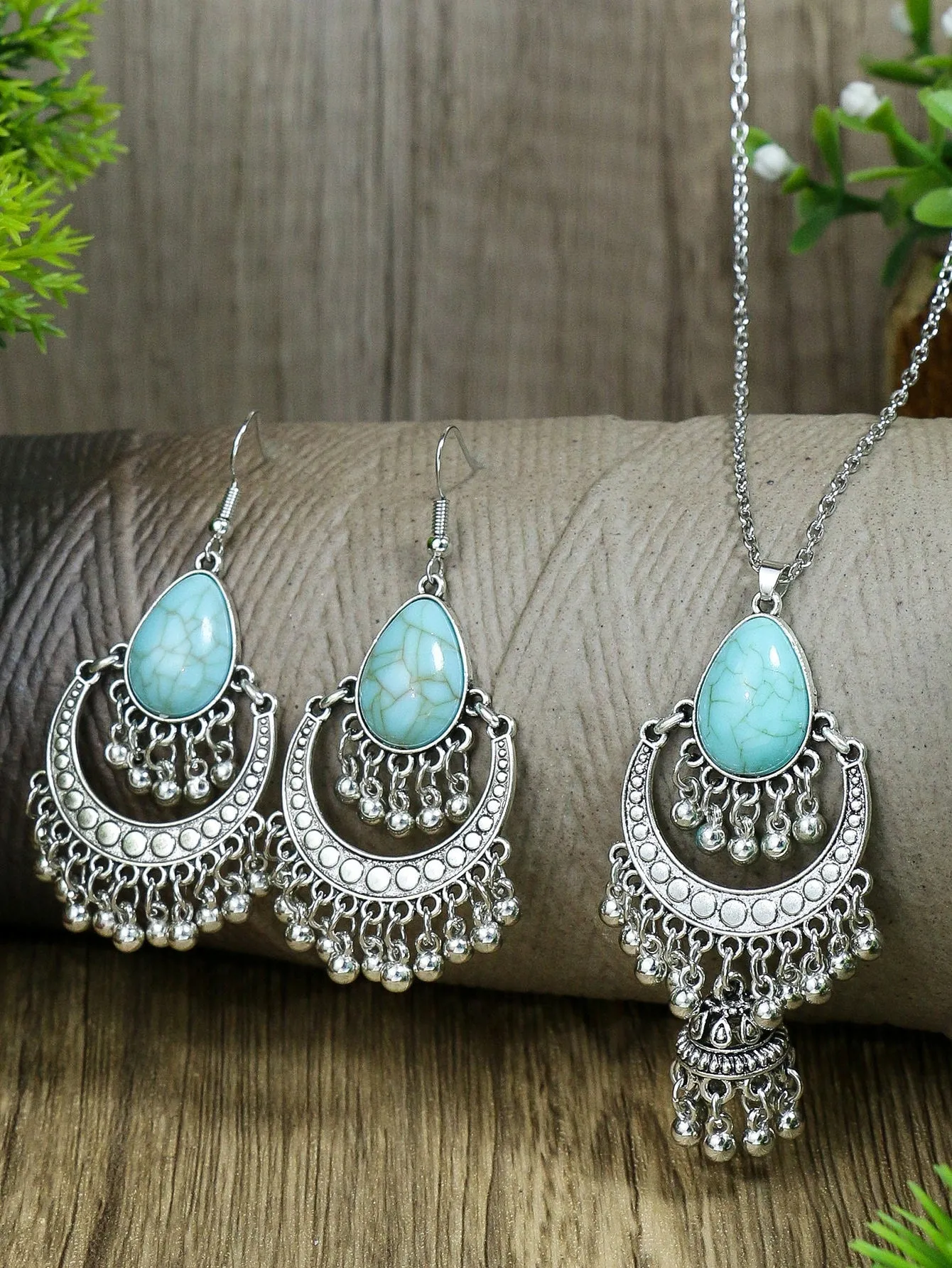 3pcs Turquoise & Ball Tassel Decor Jewelry Set - FD ⚡
