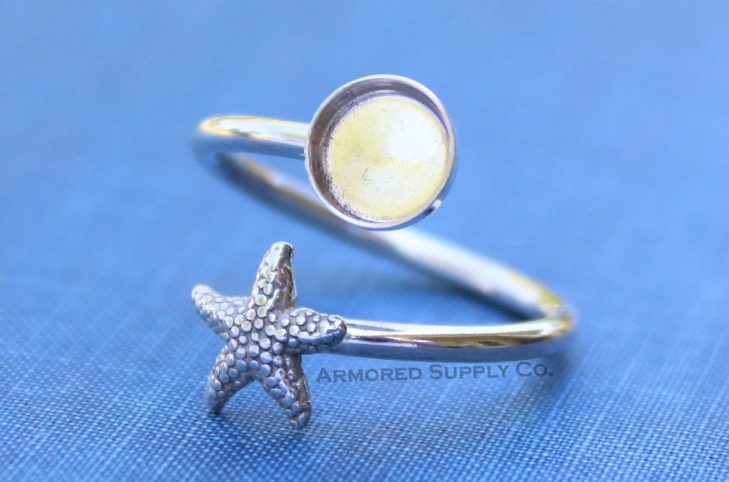 4mm Silver Starfish Wrap Bypass Adjustable Bezel Ring blank