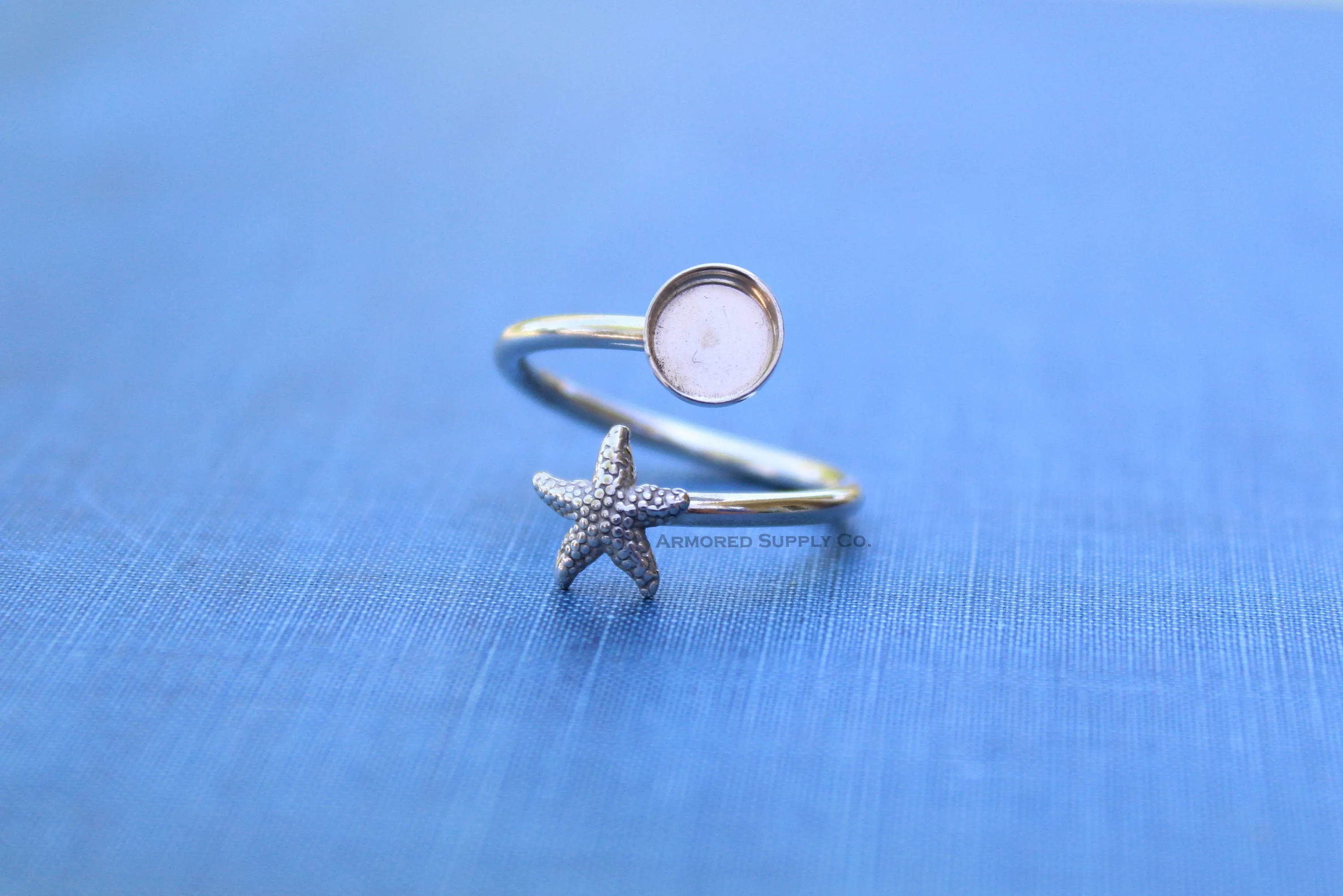 4mm Silver Starfish Wrap Bypass Adjustable Bezel Ring blank