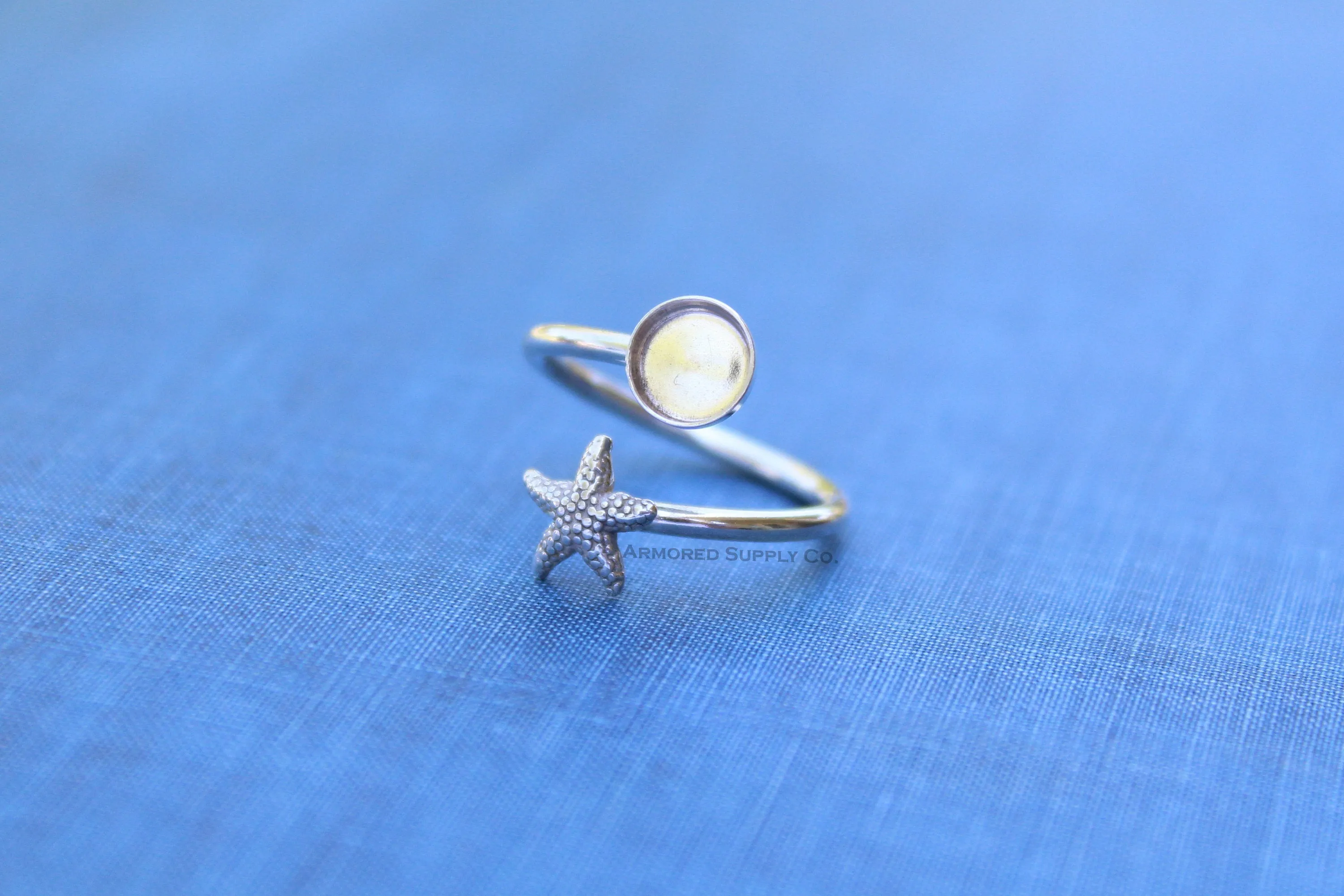 4mm Silver Starfish Wrap Bypass Adjustable Bezel Ring blank
