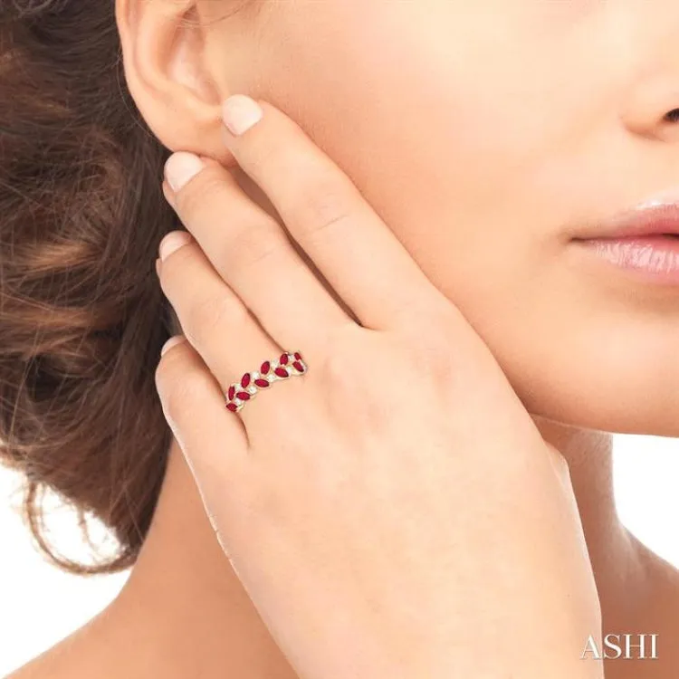 4X2 MM Leafy Marquise Cut Ruby and 1/5 ctw Round Cut Diamond Precious Band in 14K Yellow Gold
