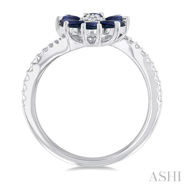 4X3 MM Pear Cut Floral Blossom Sapphire and 1/5 ctw Round Cut Diamond Bypass Precious Ring in 14K White Gold