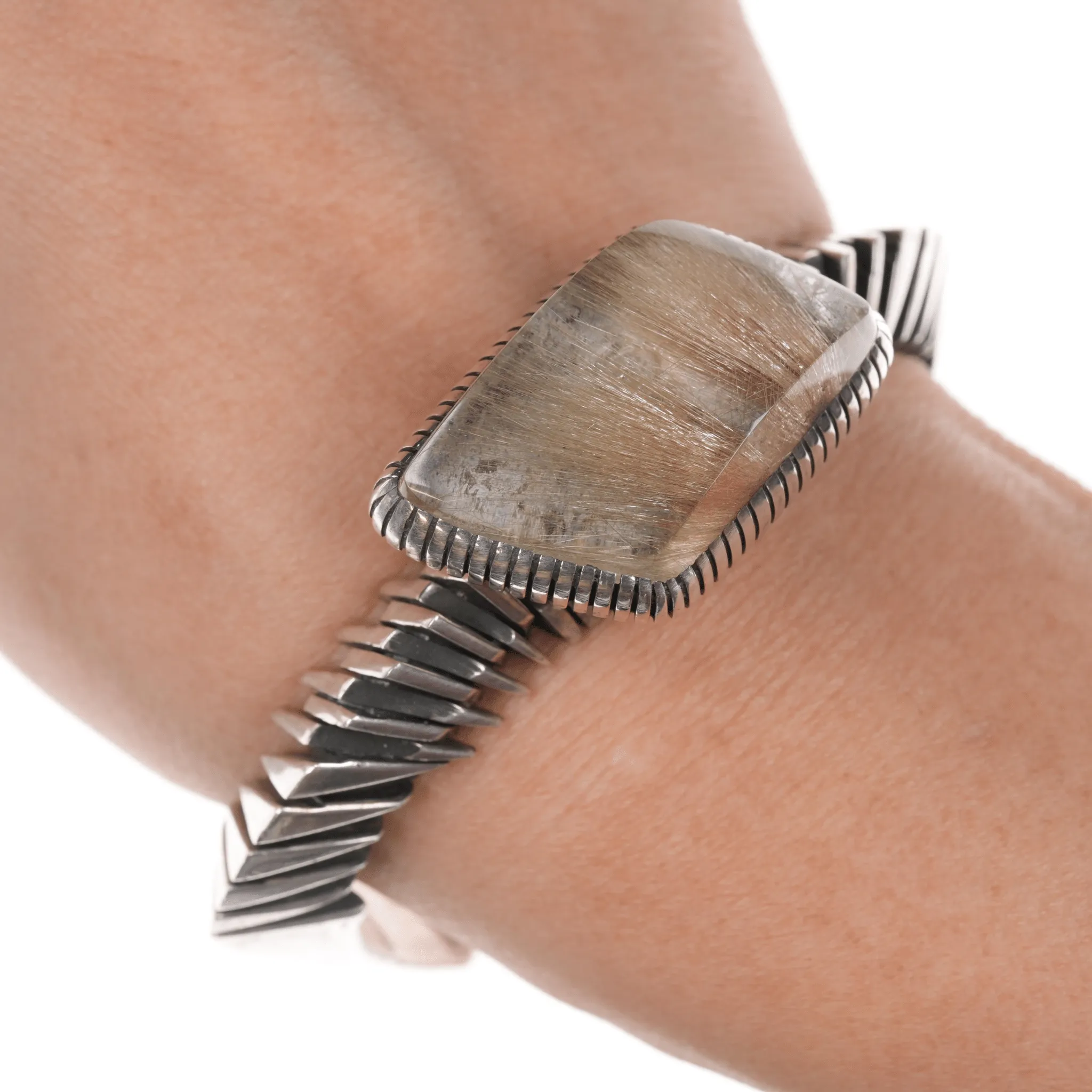 6.25" Isaiah Ortiz San Felipe Modernist silver cuff bracelet rutilated quartz