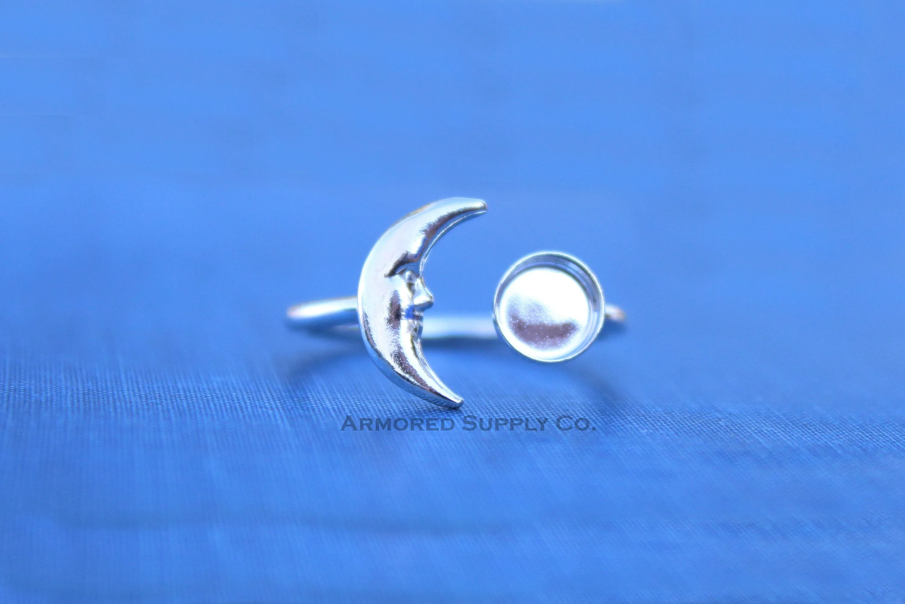 6mm Silver Crescent Moon Open Adjustable Bezel Ring blank