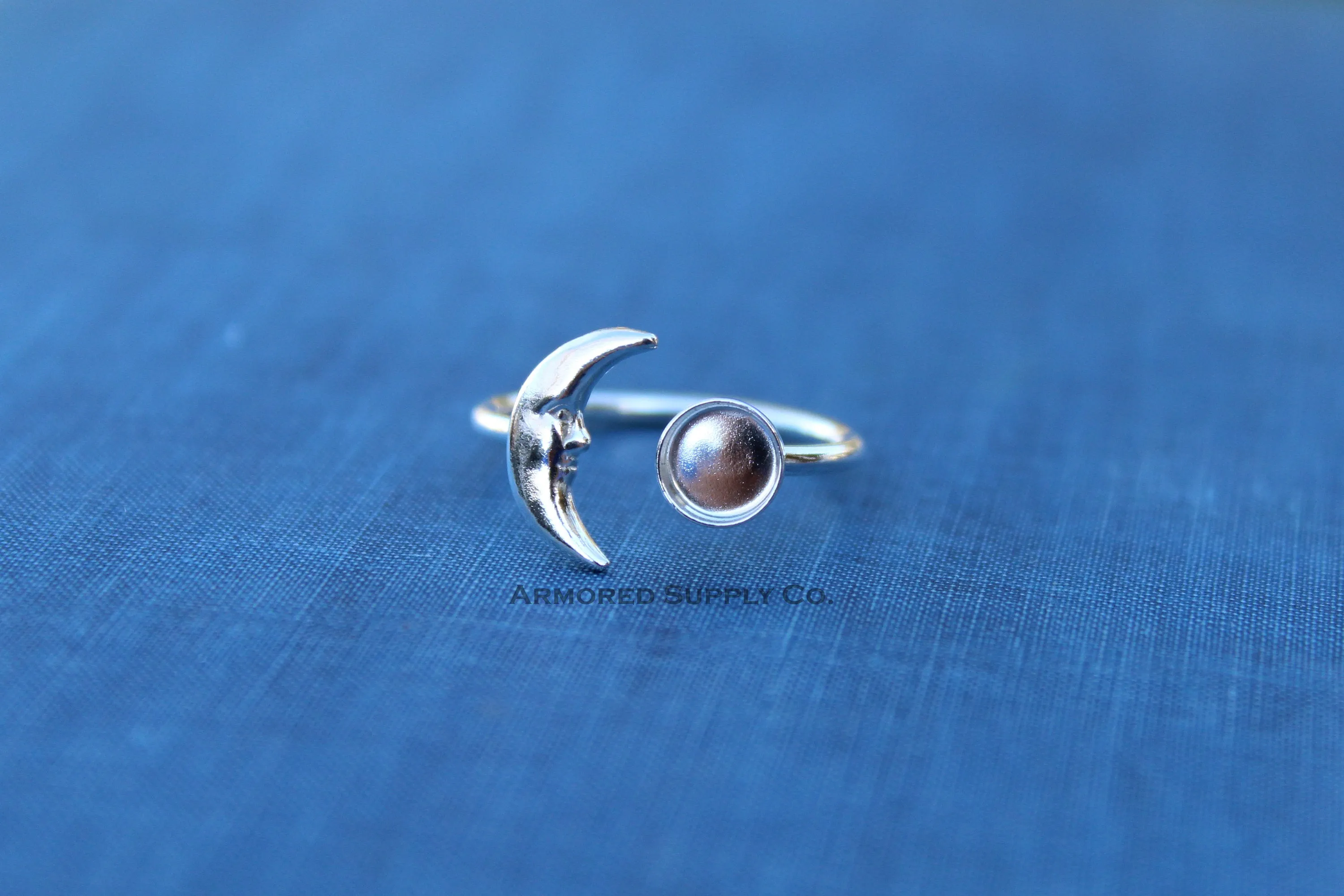 6mm Silver Crescent Moon Open Adjustable Bezel Ring blank
