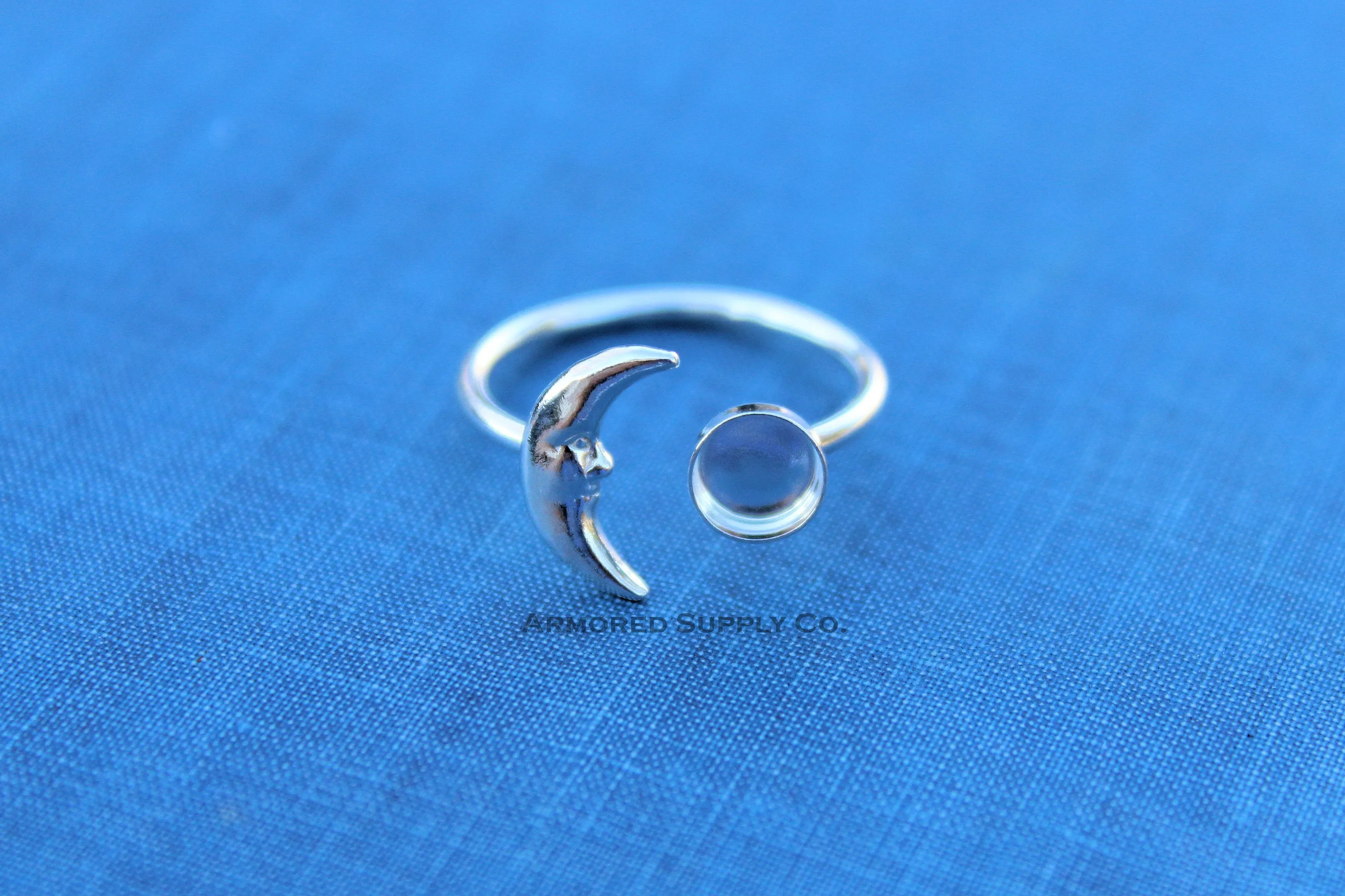 6mm Silver Crescent Moon Open Adjustable Bezel Ring blank