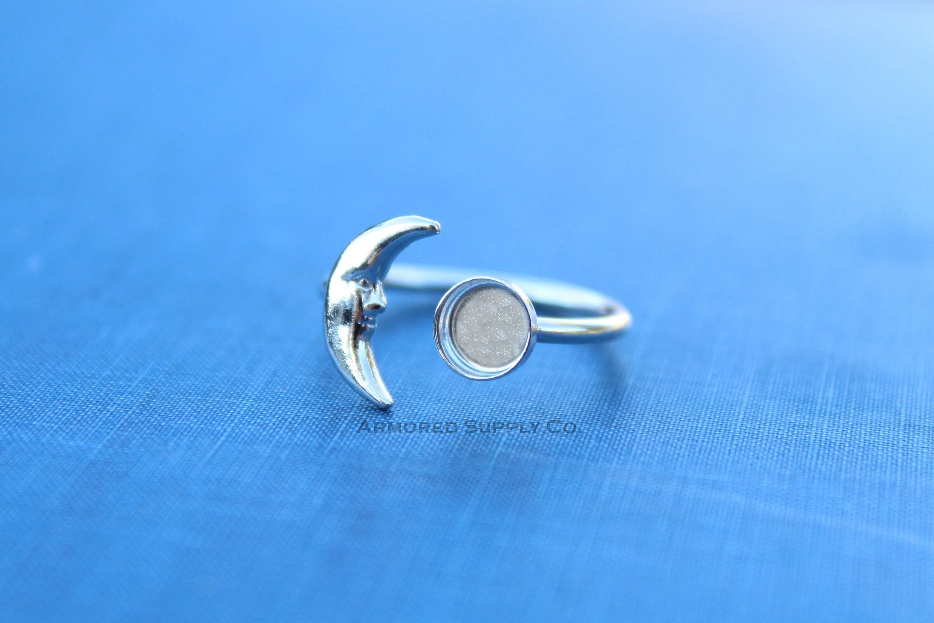 6mm Silver Crescent Moon Open Adjustable Bezel Ring blank
