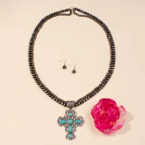 72731 - Squash Blossom Cross Necklace - Turquoise Silver