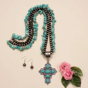 72732 - Squash Blossom Cross Necklace - Turquoise Silver