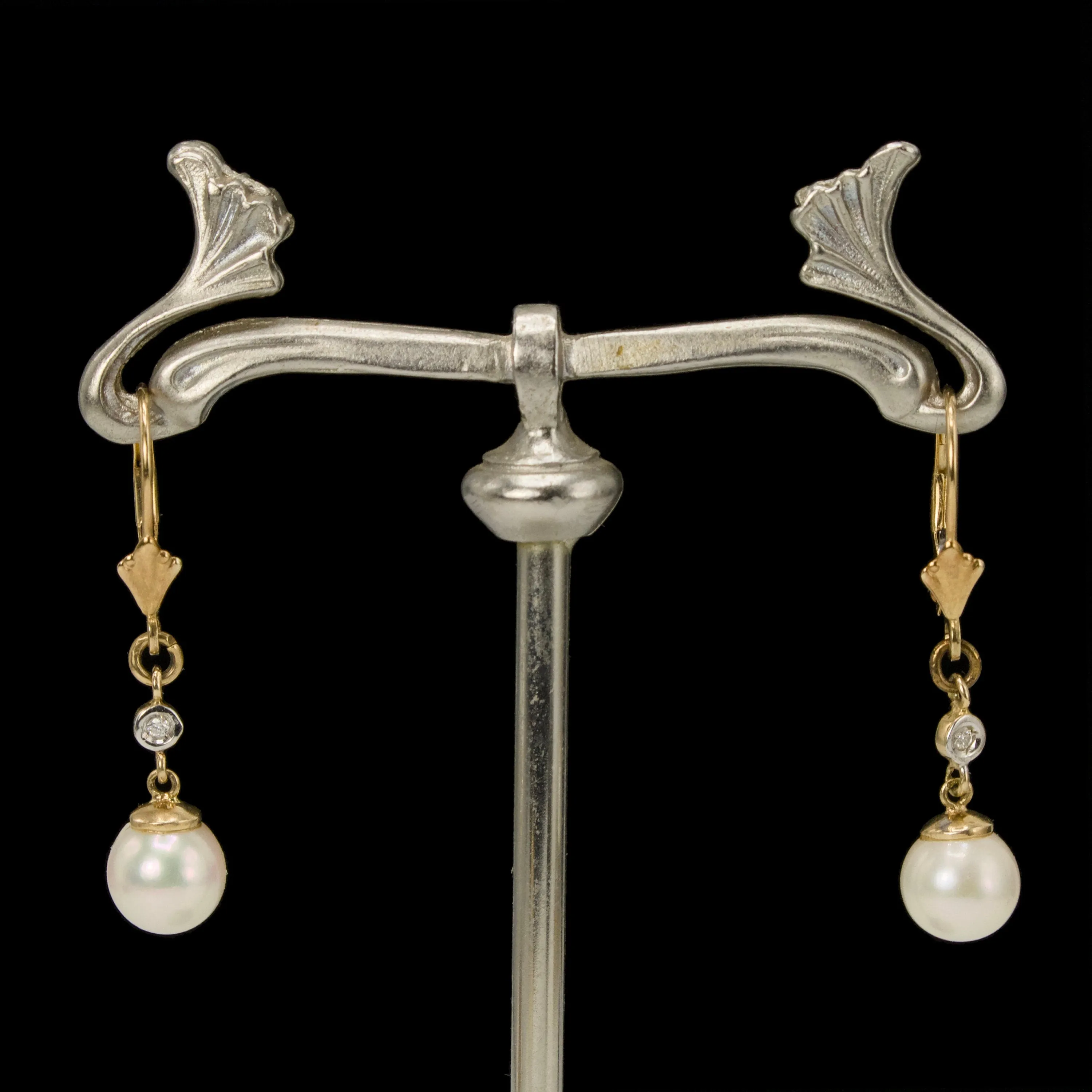 7mm Pearl and Diamond Drop Earrings in Yellow Gold with Lever Backs