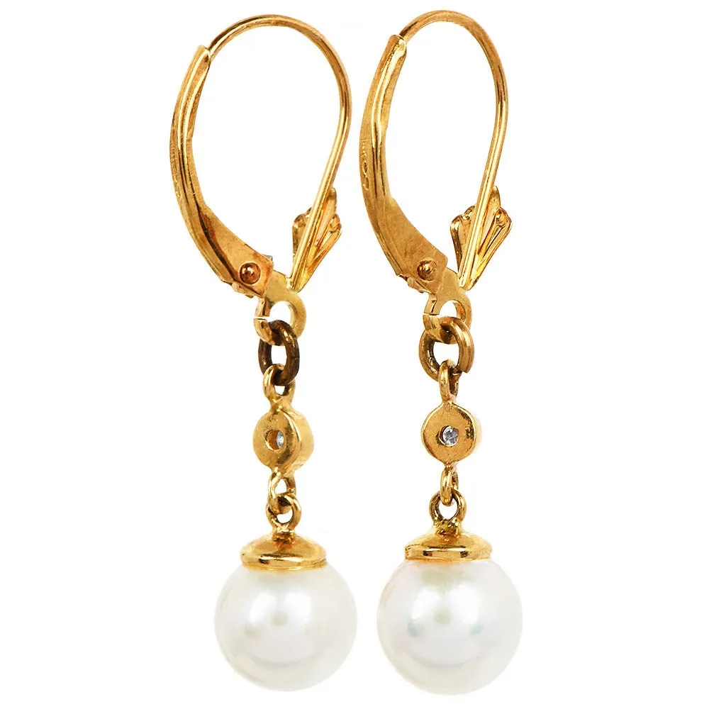 7mm Pearl and Diamond Drop Earrings in Yellow Gold with Lever Backs