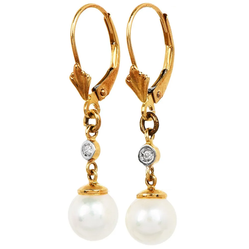 7mm Pearl and Diamond Drop Earrings in Yellow Gold with Lever Backs