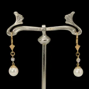 7mm Pearl and Diamond Drop Earrings in Yellow Gold with Lever Backs