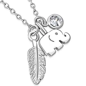 925 Sterling Silver White Clear CZ Elephant Feather Charm Pendant Necklace