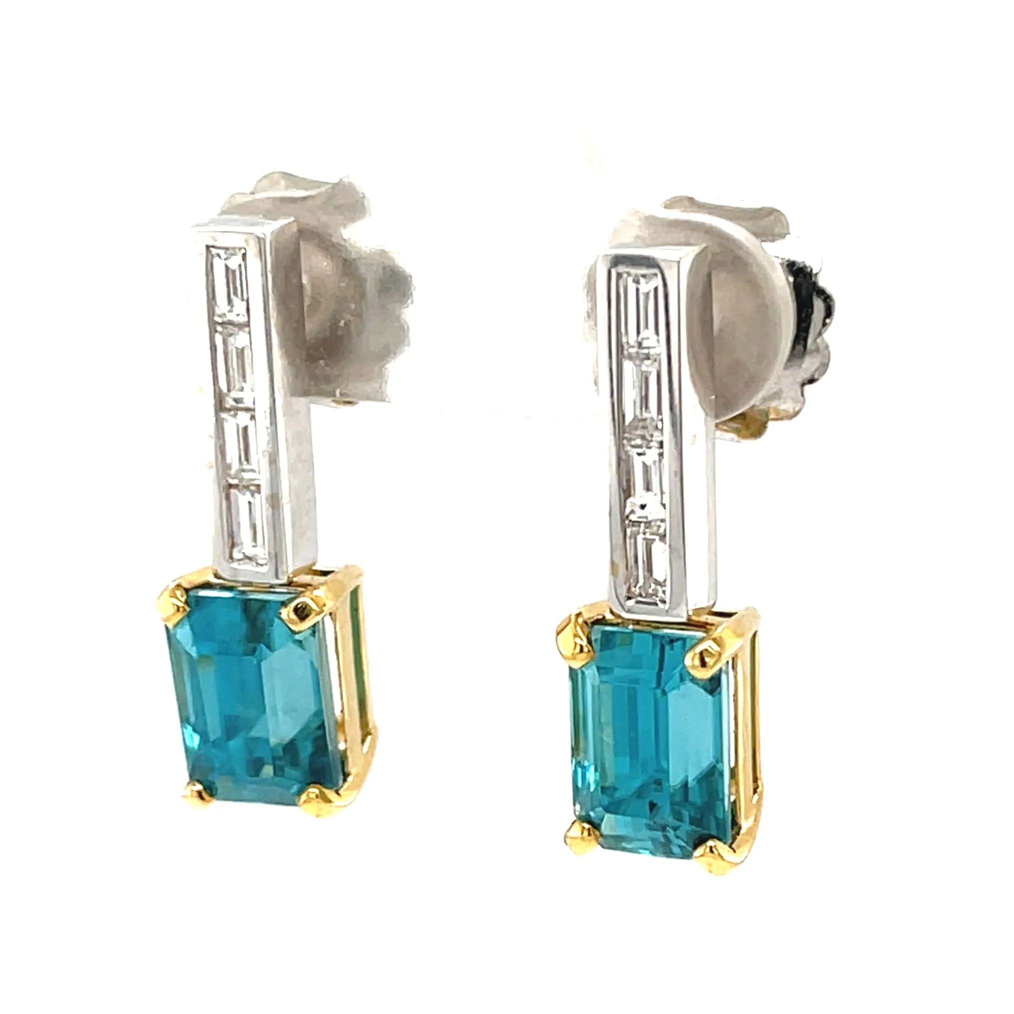 9.97 ct. t.w. Blue Zircon Rectangle, Diamond 18k White Gold Post Drop Earrings