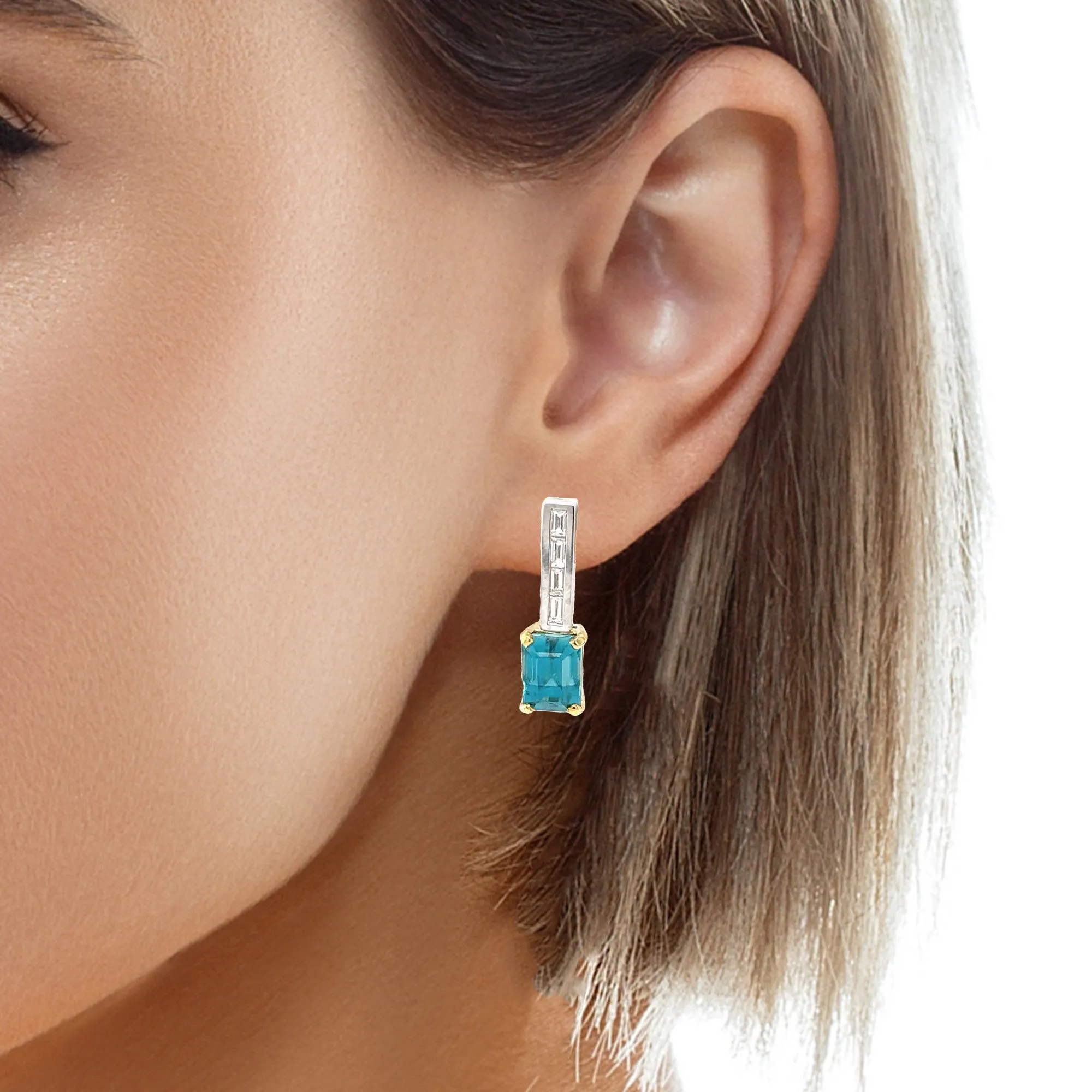 9.97 ct. t.w. Blue Zircon Rectangle, Diamond 18k White Gold Post Drop Earrings