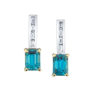 9.97 ct. t.w. Blue Zircon Rectangle, Diamond 18k White Gold Post Drop Earrings