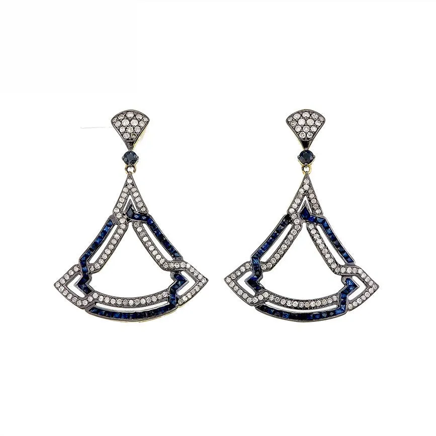 9K Gold and Silver Diamond with Natural Gemstone Art Deco Style Earrings