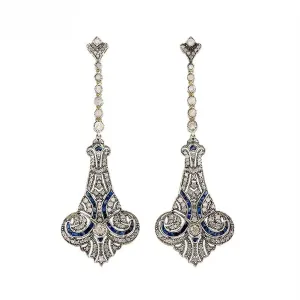 9K Gold and Silver Diamond with Natural Gemstone Art Deco Style Earrings