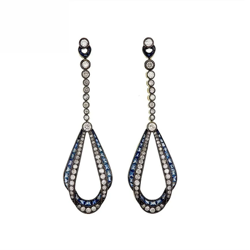 9K Gold and Silver Diamond with Natural Gemstone Art Deco Style Earrings