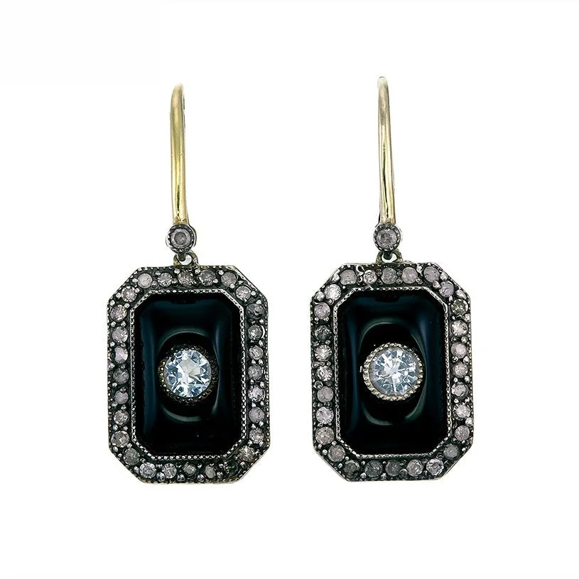 9K Gold and Silver Diamond with Natural Gemstone Art Deco Style Earrings