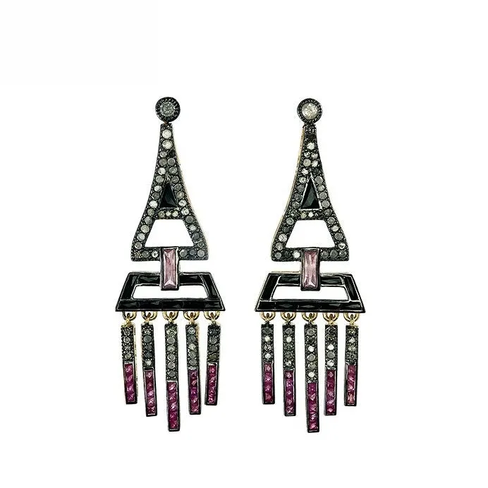 9K Gold and Silver Diamond with Natural Gemstone Art Deco Style Earrings