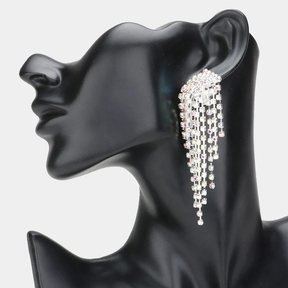 AB Rhinestone Waterfall Fringe Pageant Clip On Earrings | Clip On Prom Earrings |  627821
