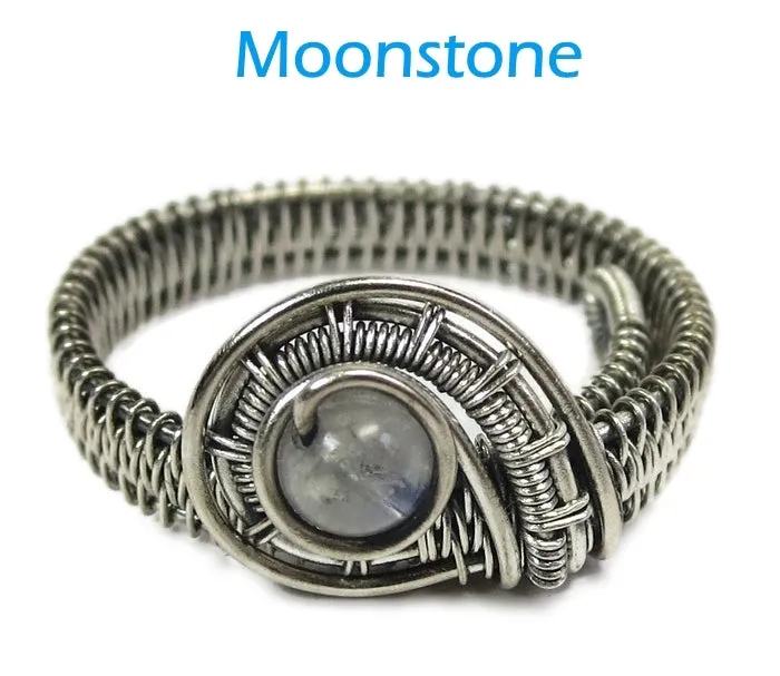 Adjustable Woven Sterling Silver Ring with Customizable Gemstone