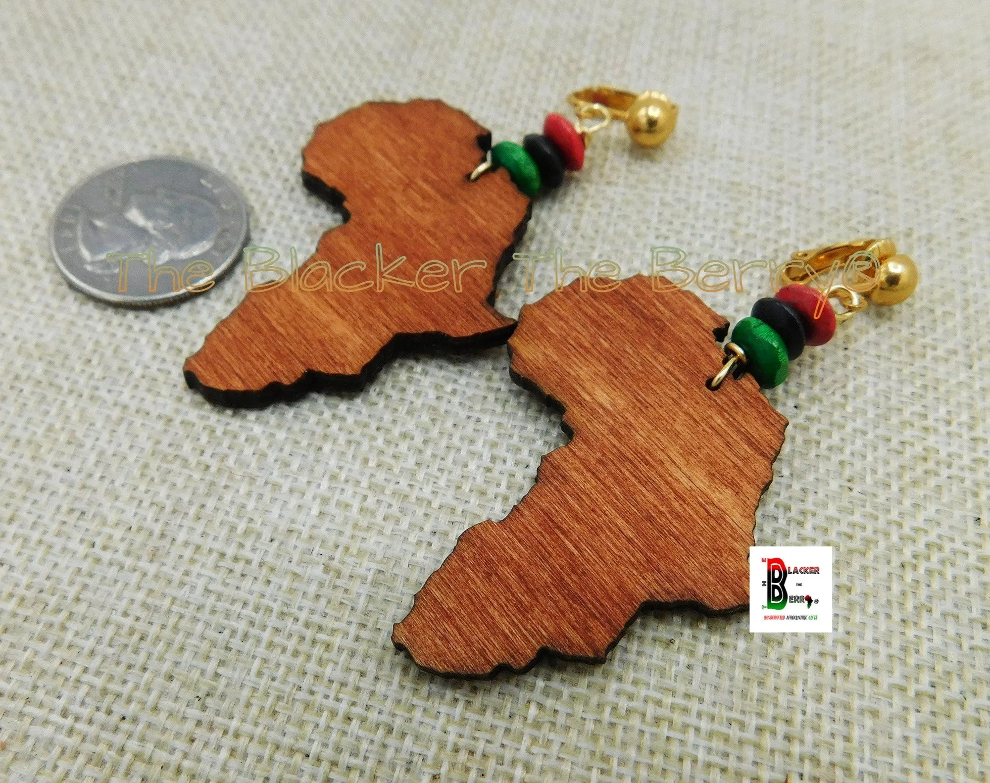 Africa Clip On Earrings Brown RBG Wooden Non Pierced Handmade Jewelry Black Owned
