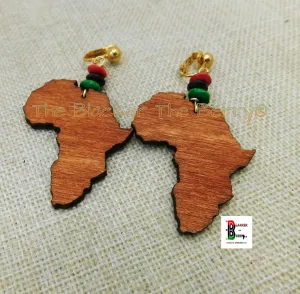 Africa Clip On Earrings Brown RBG Wooden Non Pierced Handmade Jewelry Black Owned