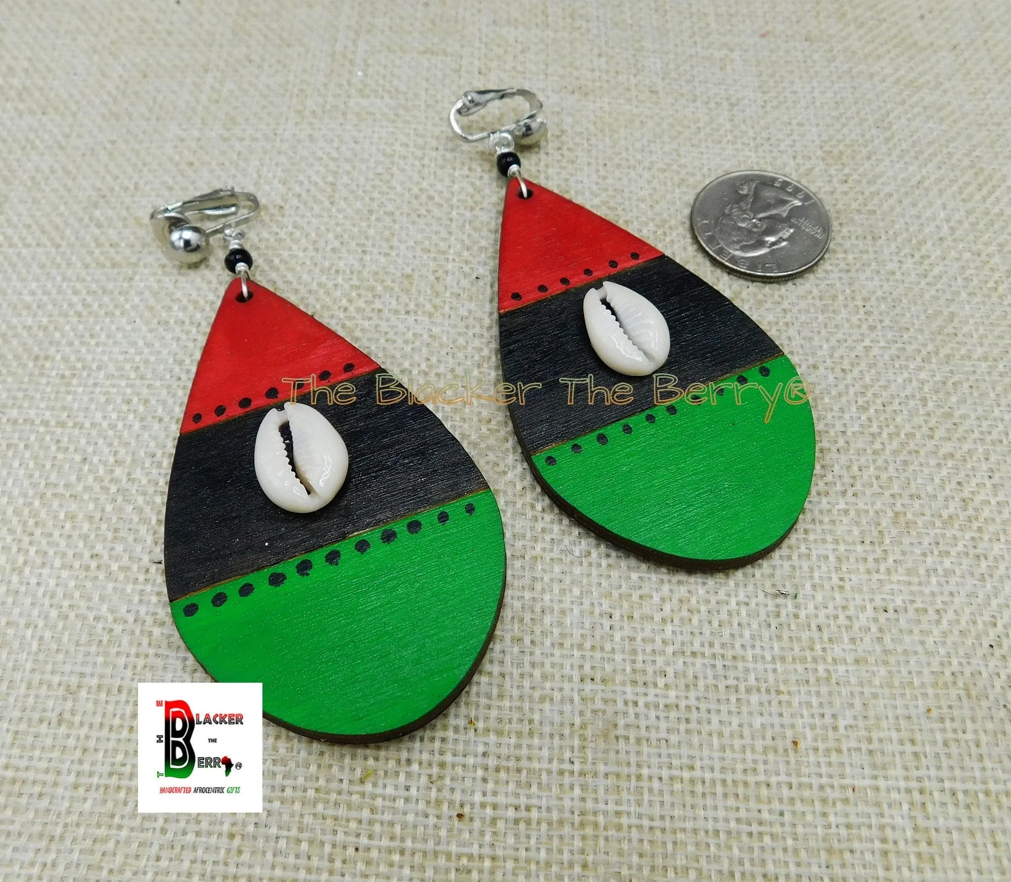 African Cowrie Clip On Earrings Wooden Jewelry RBG Pan African Non Pierced