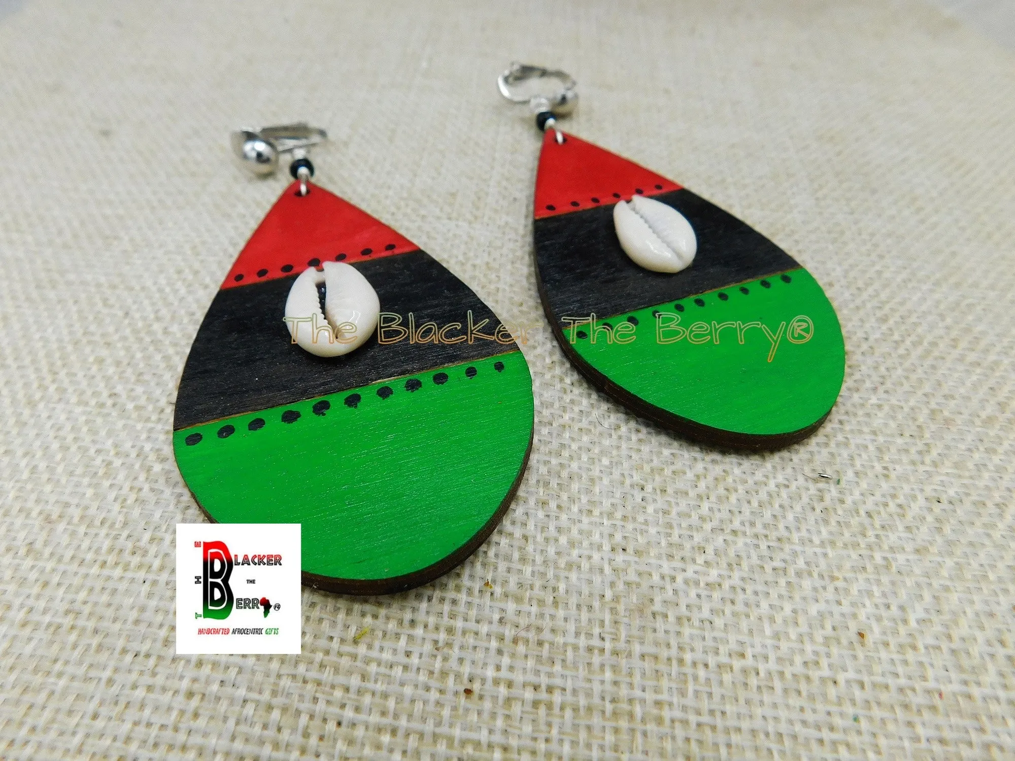 African Cowrie Clip On Earrings Wooden Jewelry RBG Pan African Non Pierced