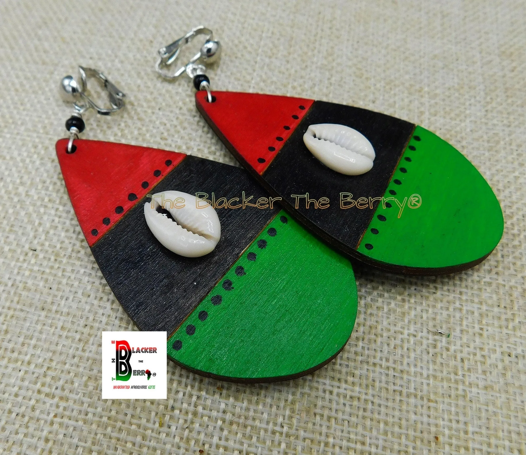African Cowrie Clip On Earrings Wooden Jewelry RBG Pan African Non Pierced