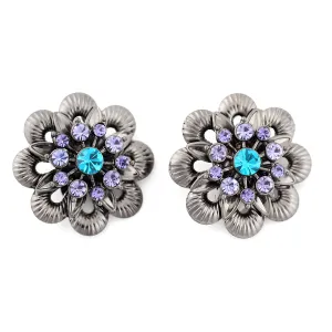 AMETHYST AQUA BLUE CRYSTAL HEMATITE FLOWER CLIP EARRINGS #243MT31C01 (1B17/1A11)