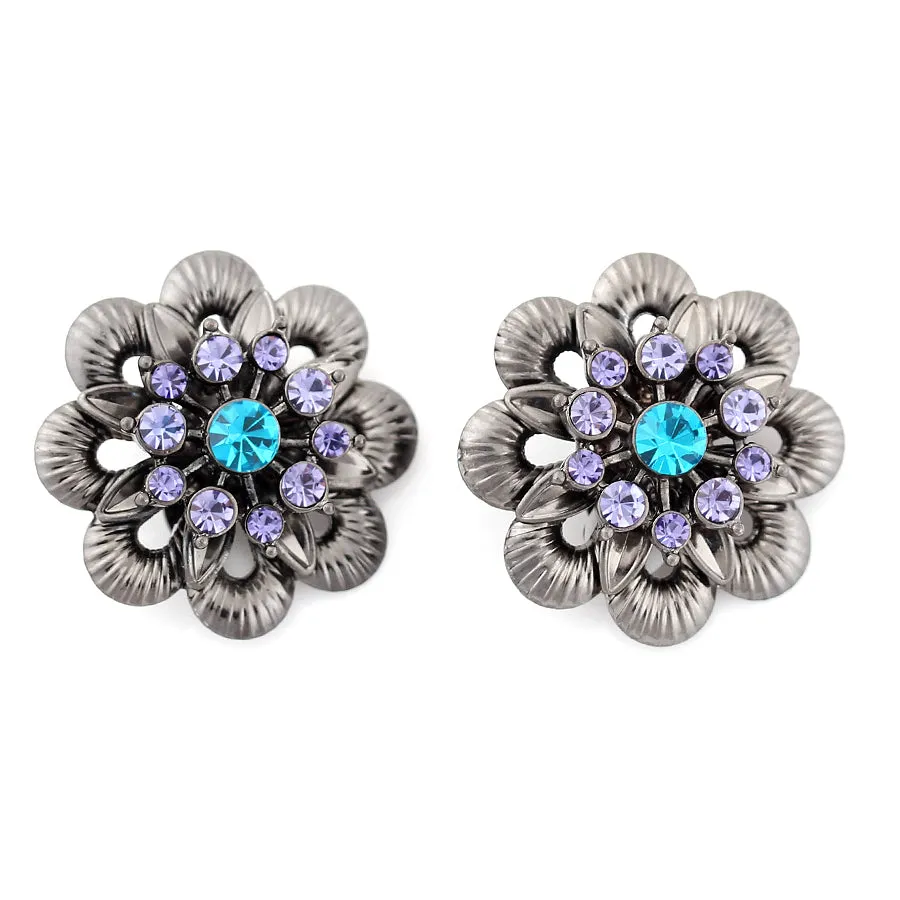 AMETHYST AQUA BLUE CRYSTAL HEMATITE FLOWER CLIP EARRINGS #243MT31C01 (1B17/1A11)