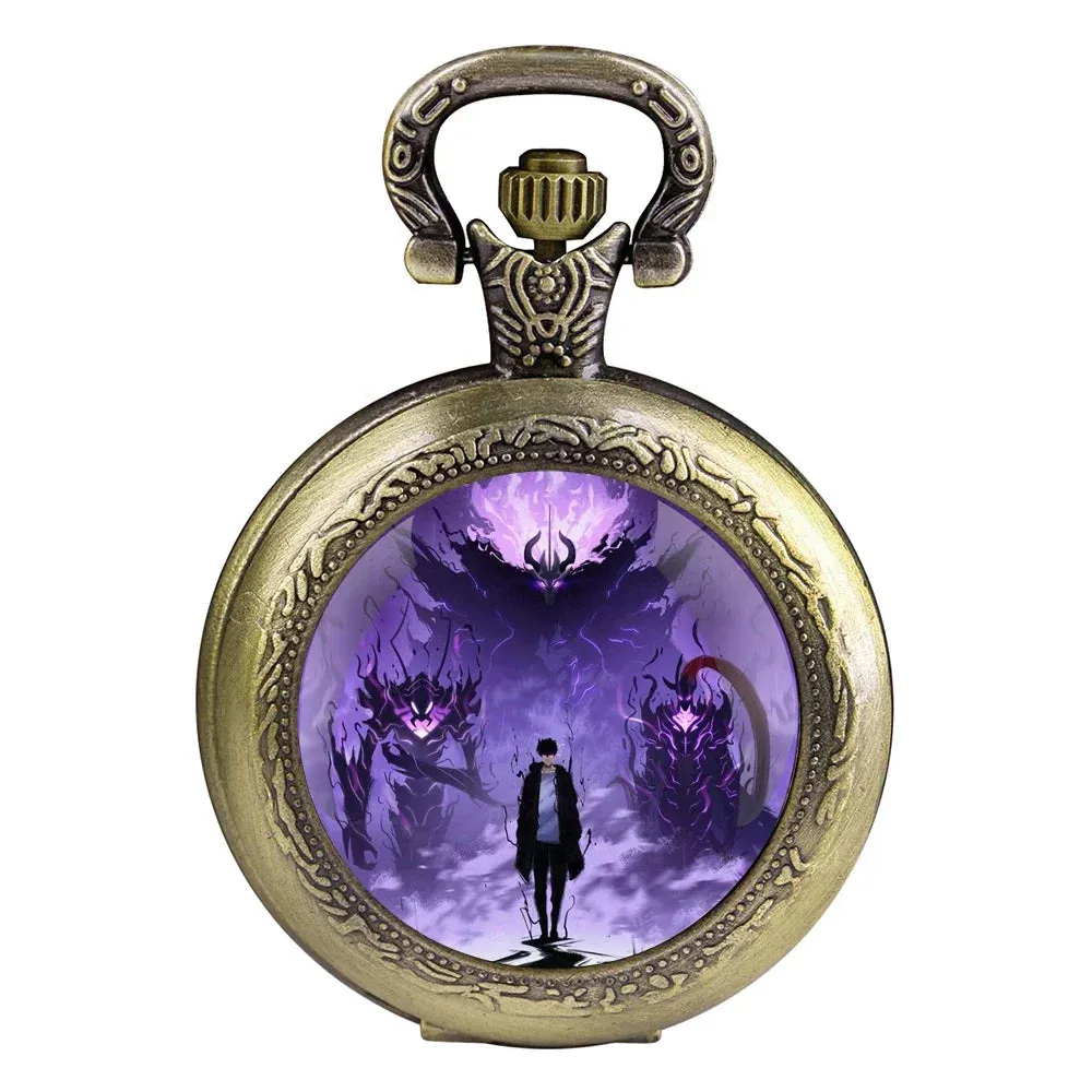 Anime Solo Leveling Glass Dome Pocket Watch with Chain Necklace Vintage Quartz Pendant Watches Mens Women Gift