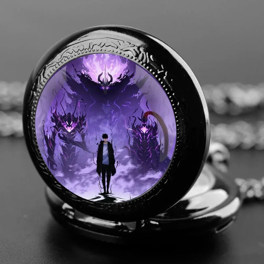 Anime Solo Leveling Glass Dome Pocket Watch with Chain Necklace Vintage Quartz Pendant Watches Mens Women Gift