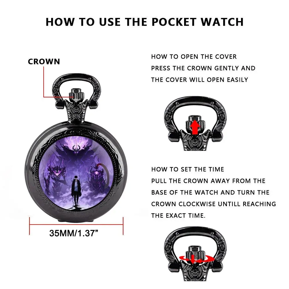 Anime Solo Leveling Glass Dome Pocket Watch with Chain Necklace Vintage Quartz Pendant Watches Mens Women Gift