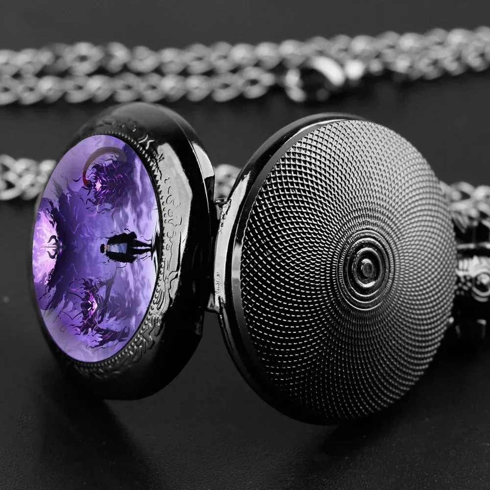 Anime Solo Leveling Glass Dome Pocket Watch with Chain Necklace Vintage Quartz Pendant Watches Mens Women Gift
