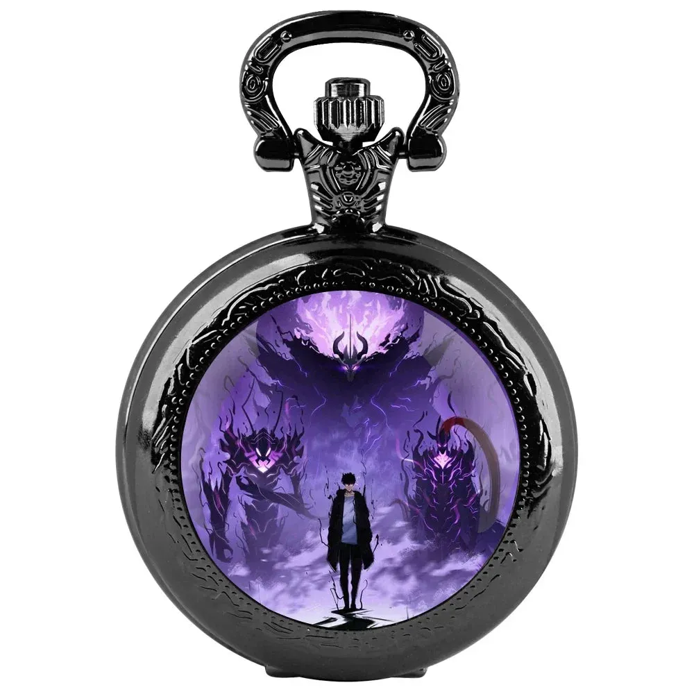 Anime Solo Leveling Glass Dome Pocket Watch with Chain Necklace Vintage Quartz Pendant Watches Mens Women Gift
