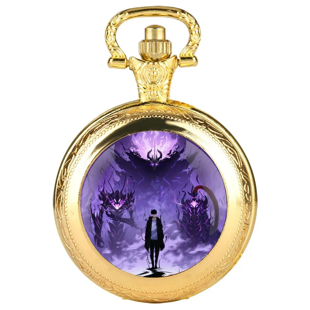 Anime Solo Leveling Glass Dome Pocket Watch with Chain Necklace Vintage Quartz Pendant Watches Mens Women Gift