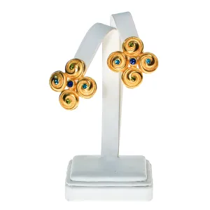 Anne Klein Couture Etruscan Earrings Brushed Gold Tone with Blue and Green Rhinestones