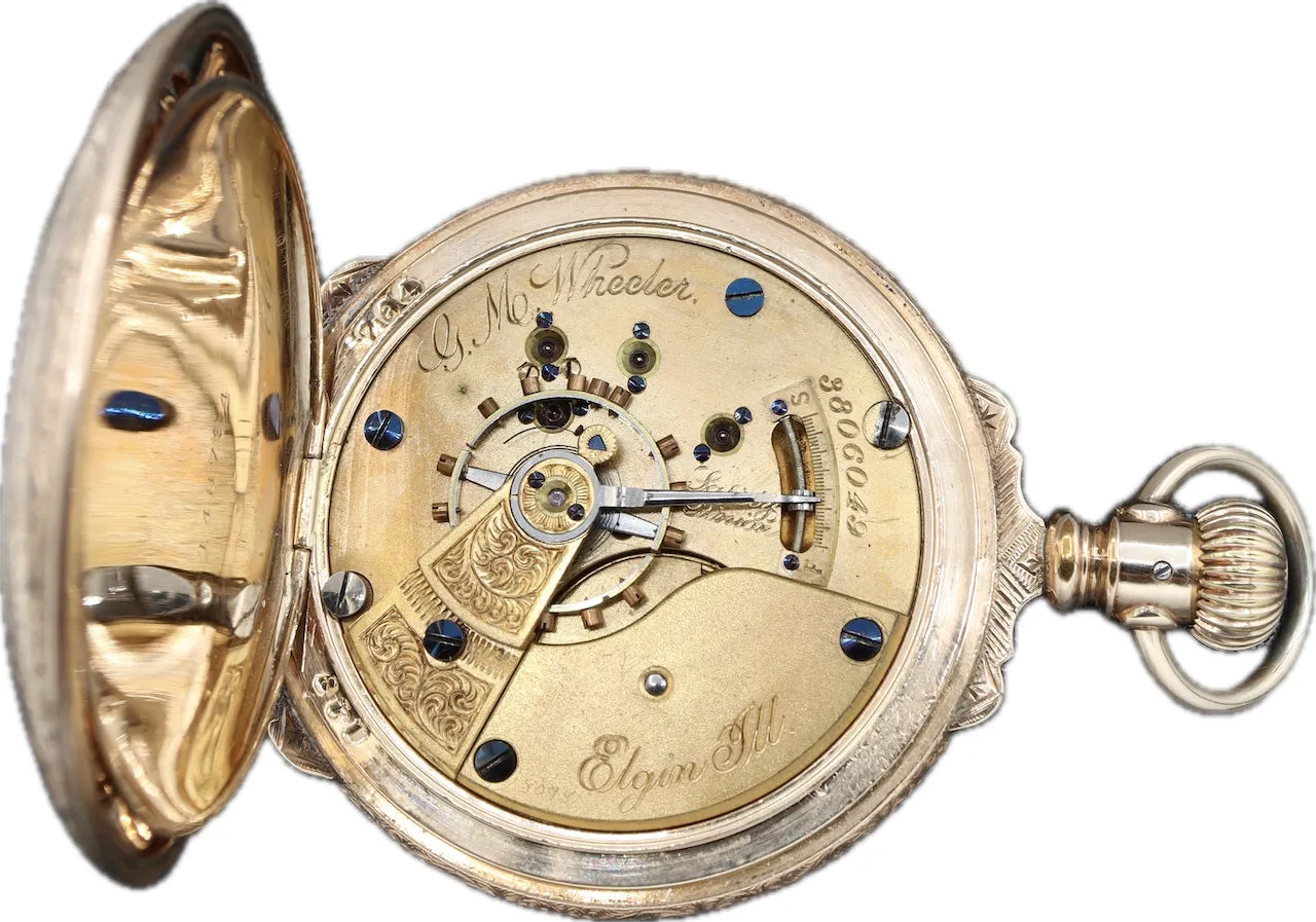 Antique 18S Elgin G.M.Wheeler Box Hinge Hunter Pocket Watch Grade 82 14k GF