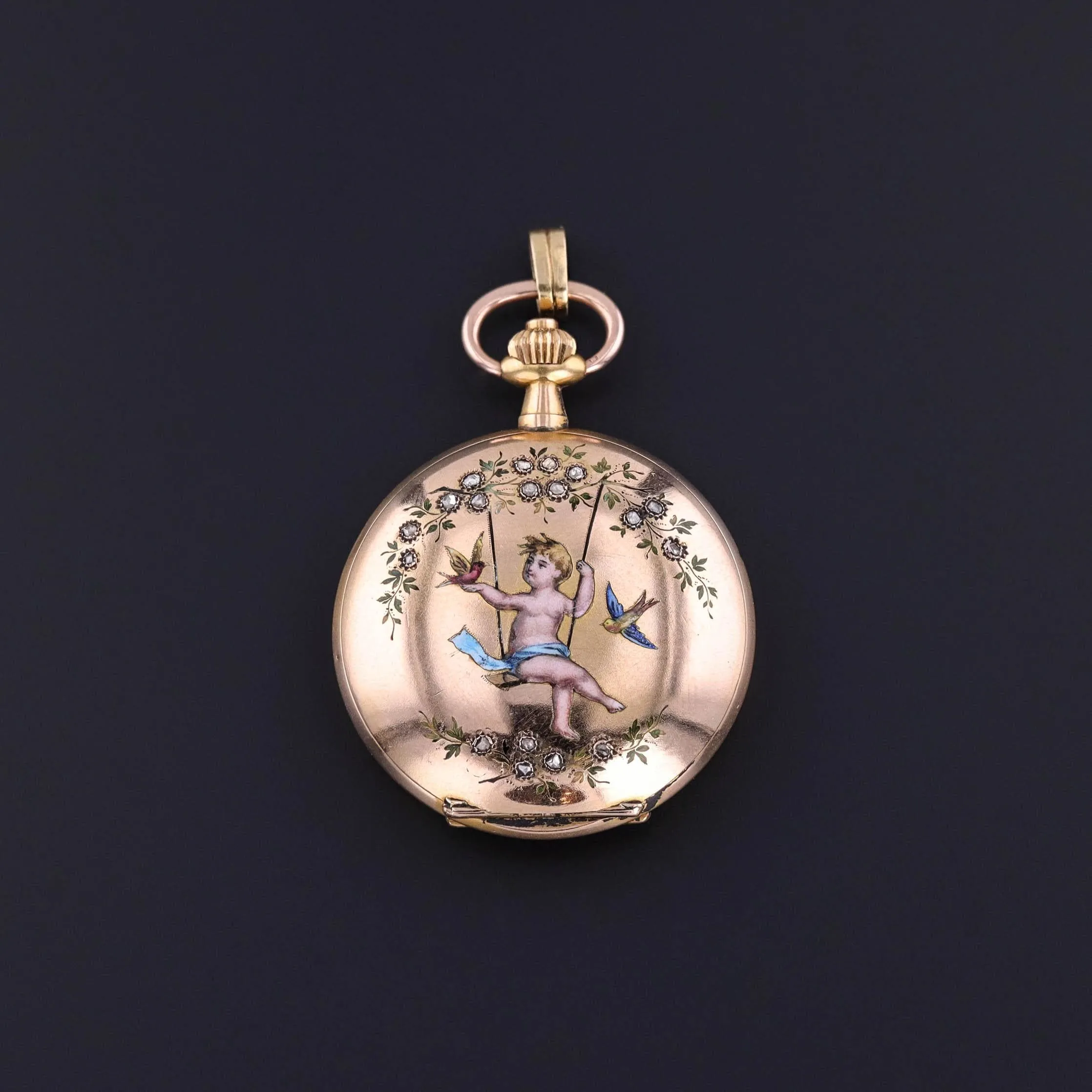 Antique Enamel Cherub Pocket Watch of 18k Gold