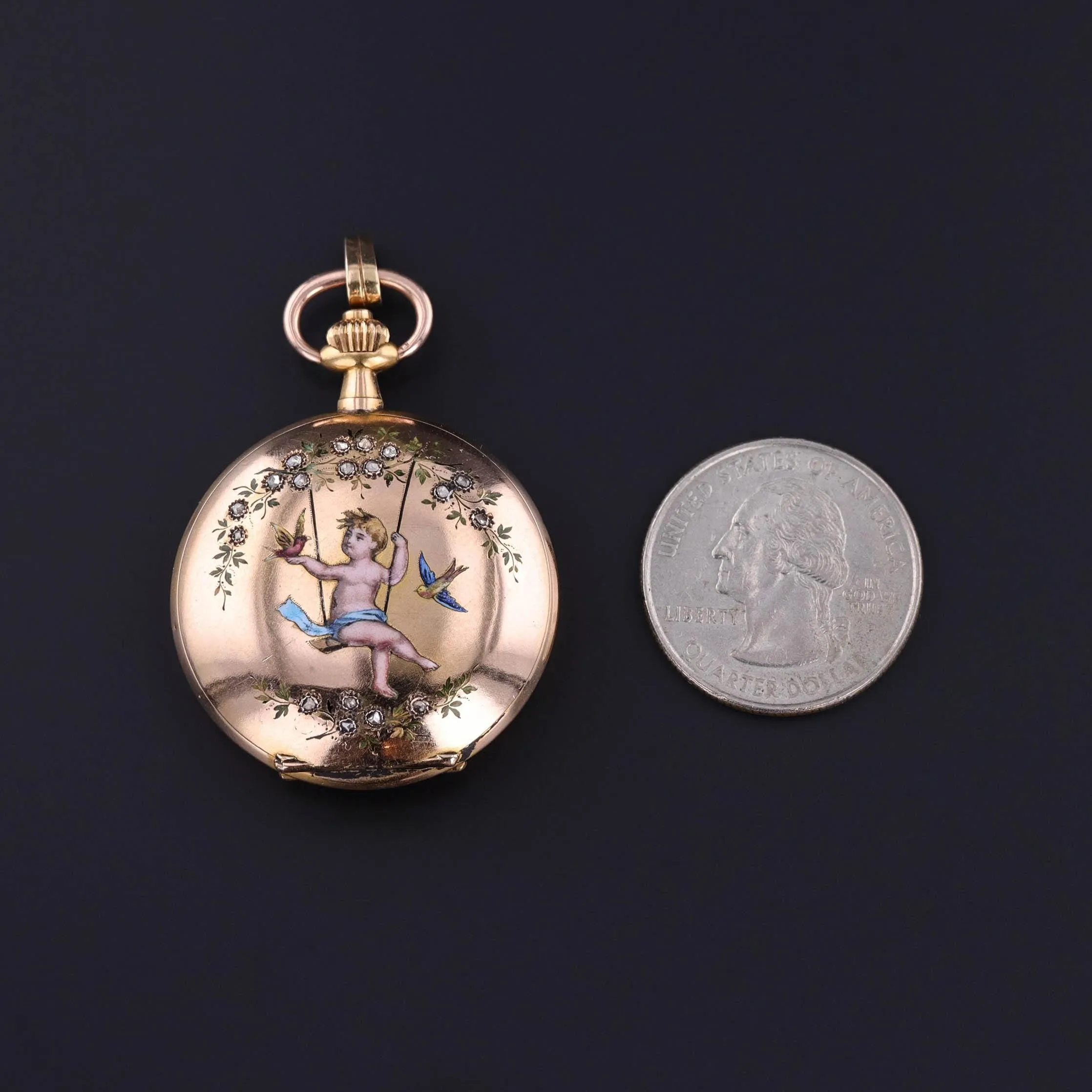 Antique Enamel Cherub Pocket Watch of 18k Gold