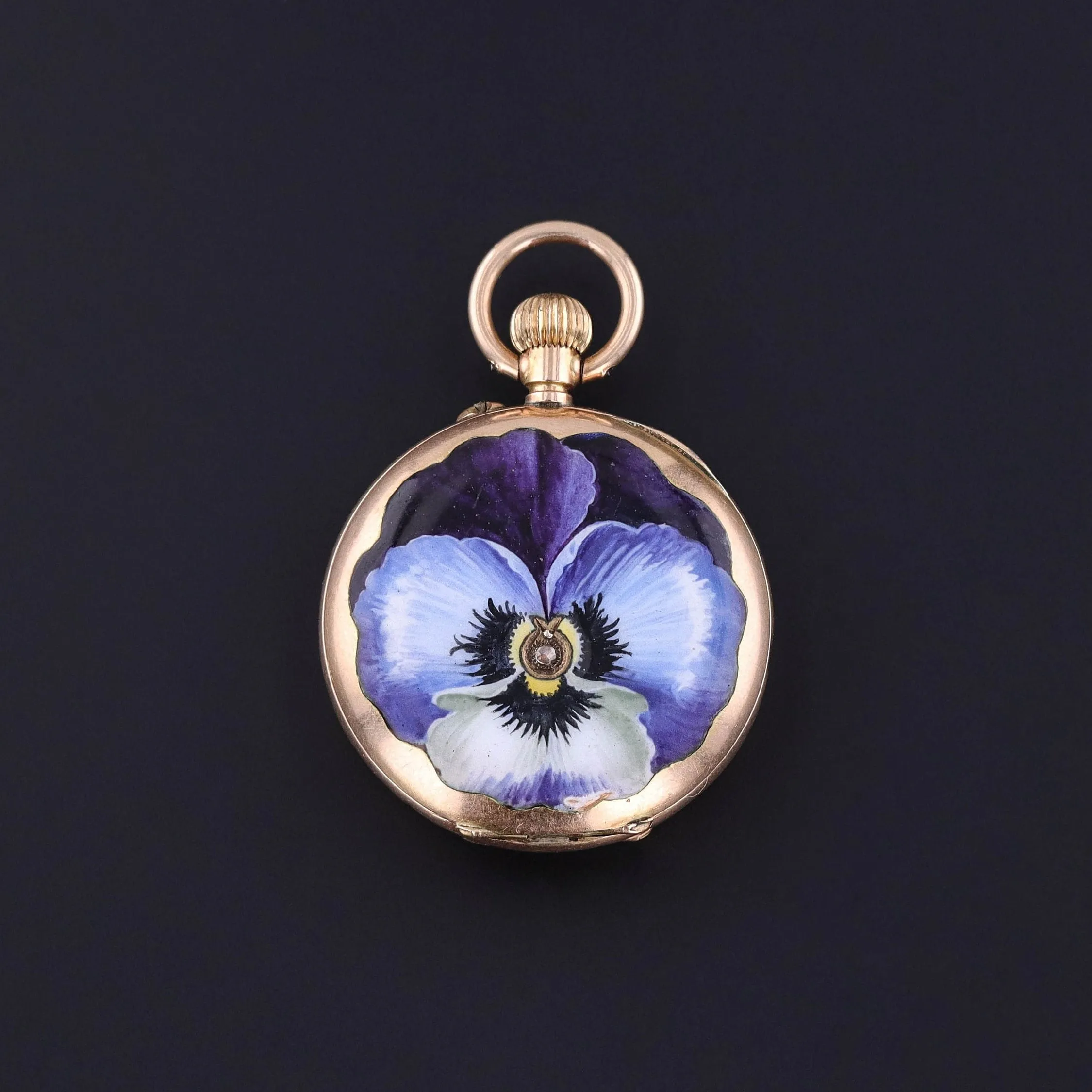 Antique Enamel Pansy Pocket Watch of 14k Gold