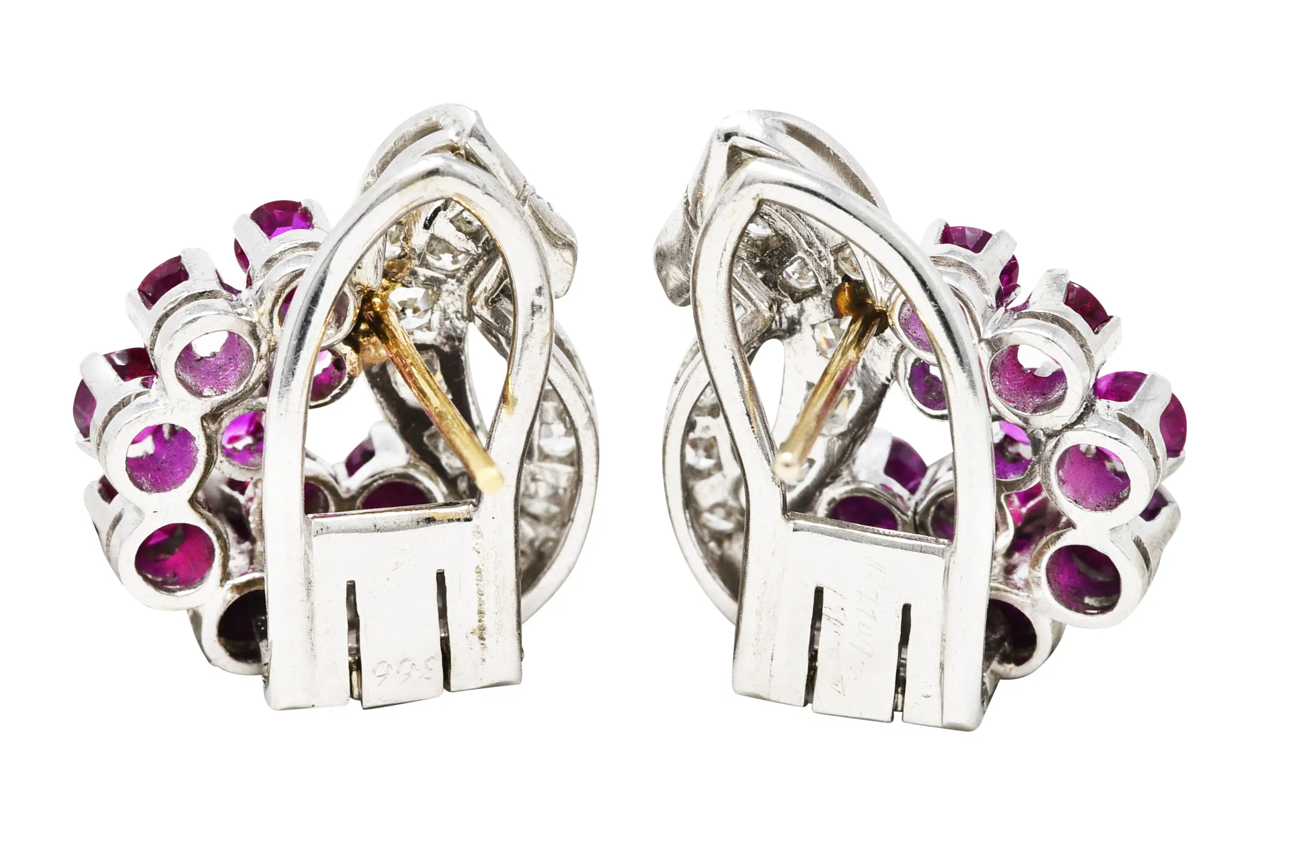 Art Deco 1.70 CTW Diamond Ruby Platinum Ribbon Cluster Earrings