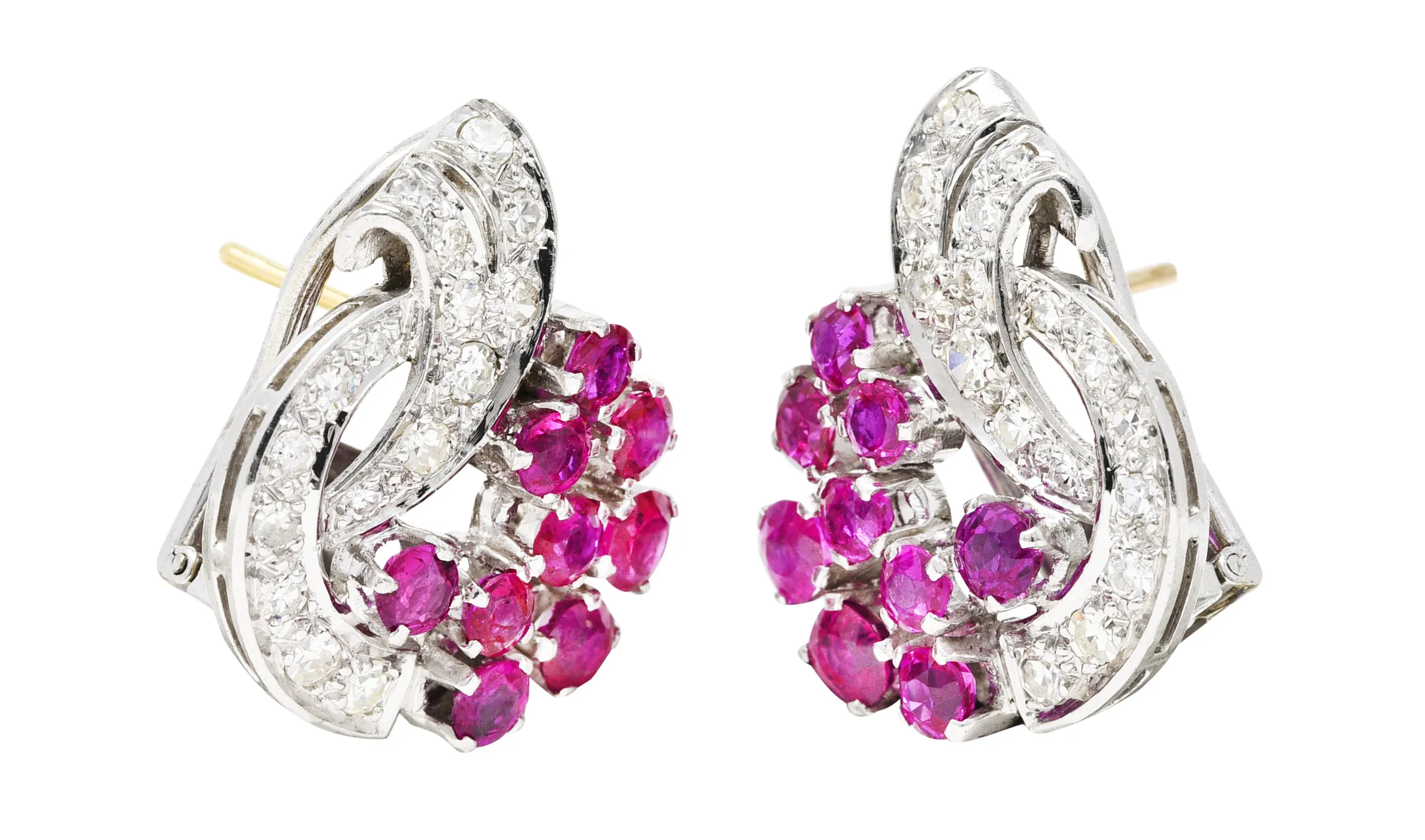 Art Deco 1.70 CTW Diamond Ruby Platinum Ribbon Cluster Earrings