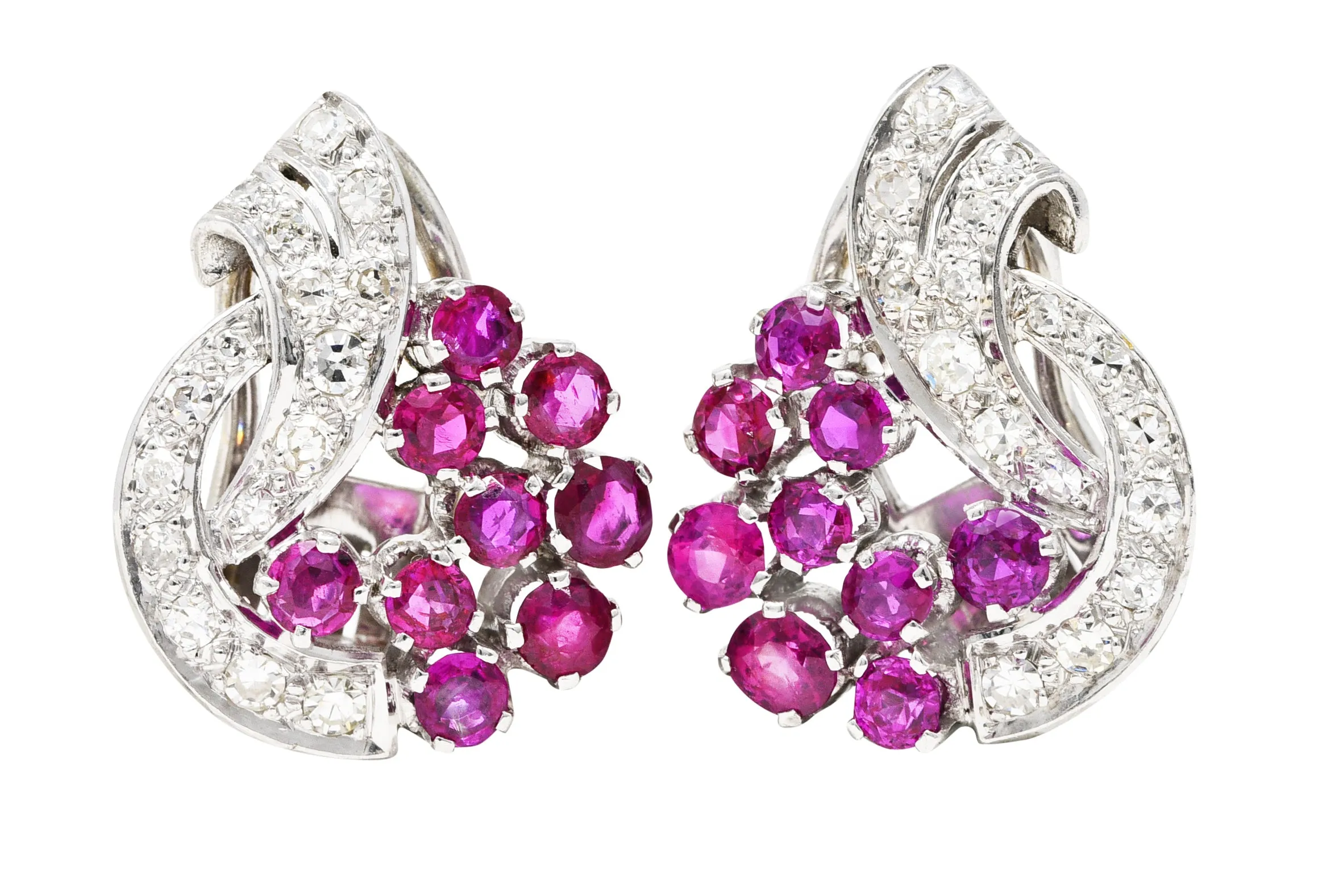 Art Deco 1.70 CTW Diamond Ruby Platinum Ribbon Cluster Earrings