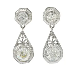 Art Deco 2.96 CTW Diamond Platinum Octagonal Drop Earrings